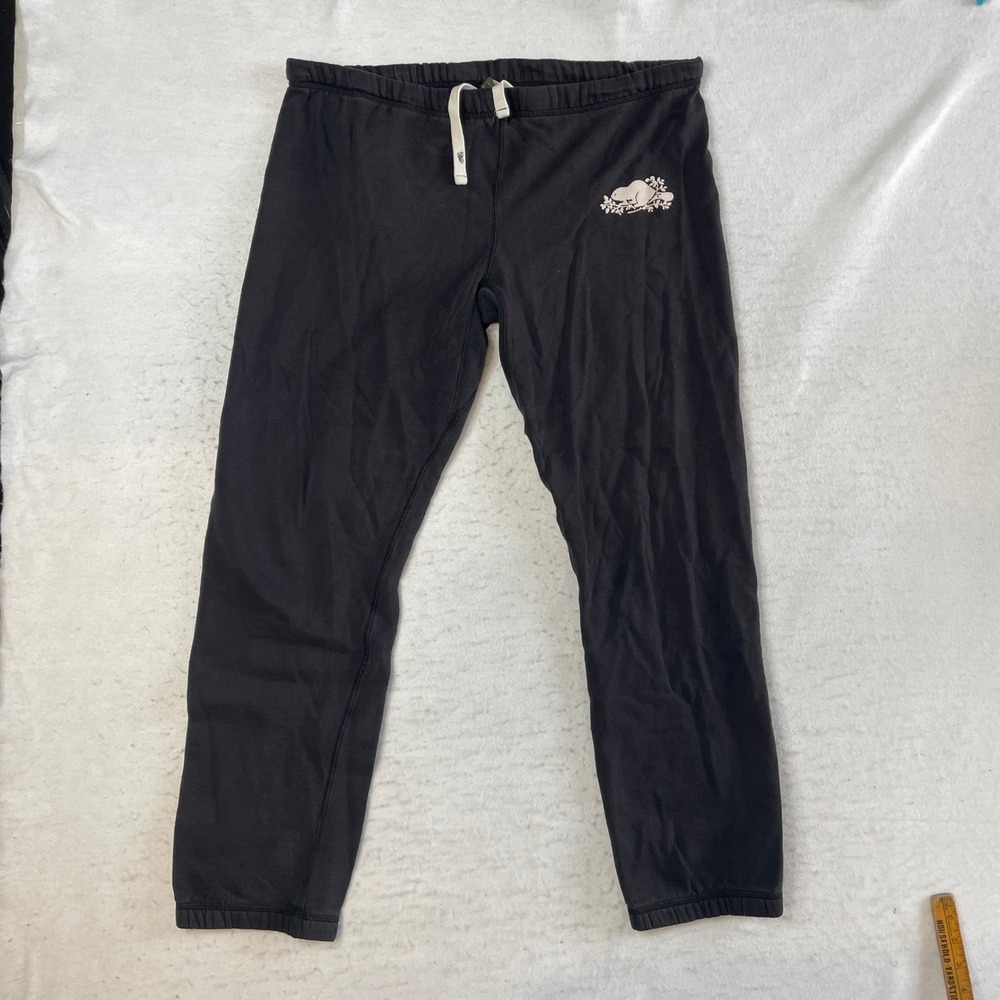 Roots Sweatpants Small Black Organic Cotton Blend Fleece Joggers Beaver Logo